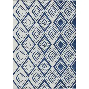 Photo of Navy Blue And Ivory Geometric Washable Indoor Outdoor Area Rug