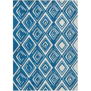 Photo of Navy Blue And Ivory Geometric Washable Indoor Outdoor Area Rug