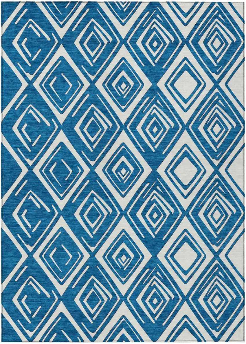 Navy Blue And Ivory Geometric Washable Indoor Outdoor Area Rug Photo 2
