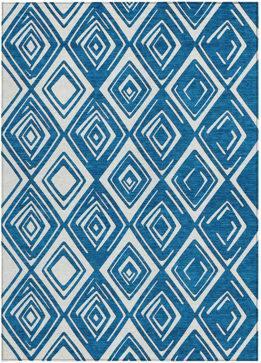 Navy Blue And Ivory Geometric Washable Indoor Outdoor Area Rug Photo 8