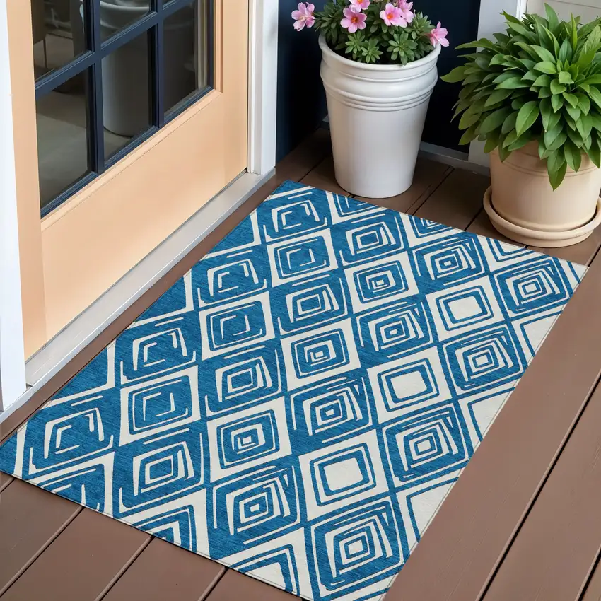 Navy Blue And Ivory Geometric Washable Indoor Outdoor Area Rug Photo 1