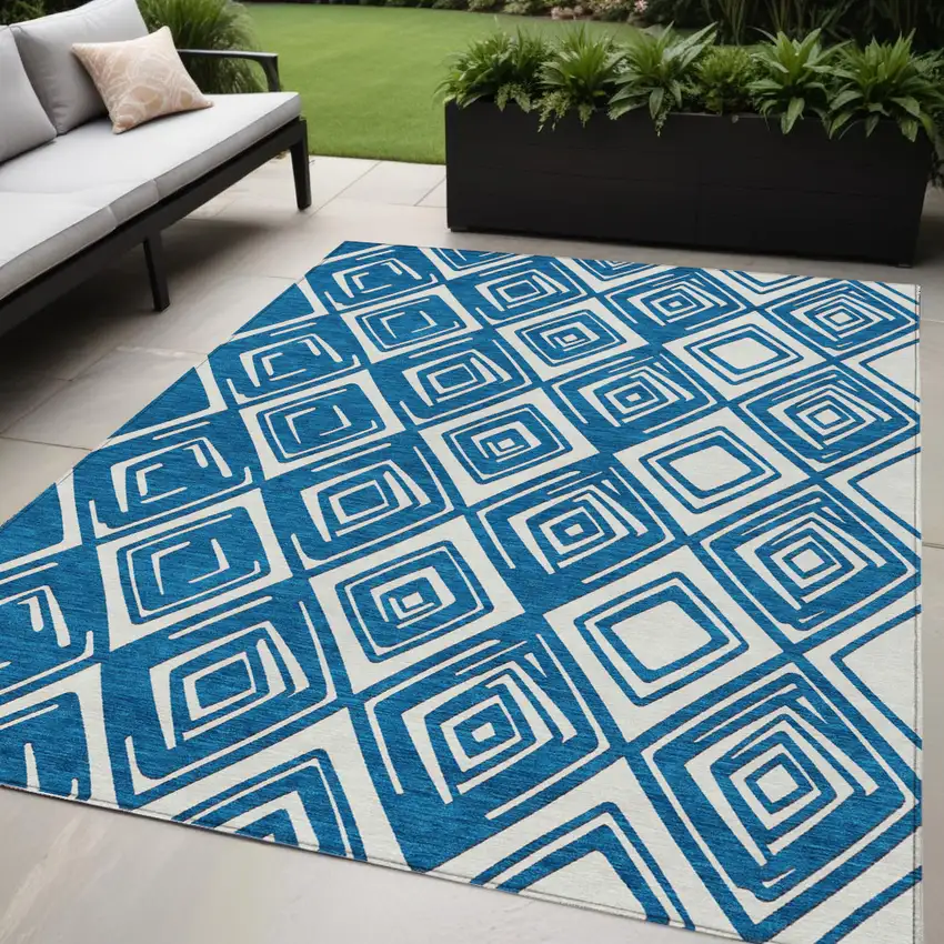Navy Blue And Ivory Geometric Washable Indoor Outdoor Area Rug Photo 1