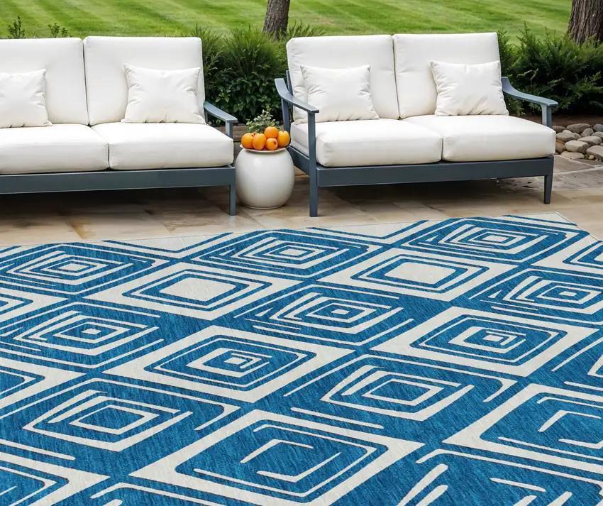 Navy Blue And Ivory Geometric Washable Indoor Outdoor Area Rug Photo 1
