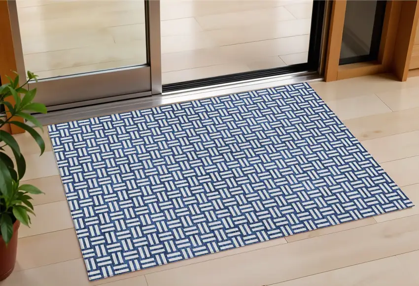 Navy Blue And Ivory Geometric Washable Indoor Outdoor Area Rug Photo 1