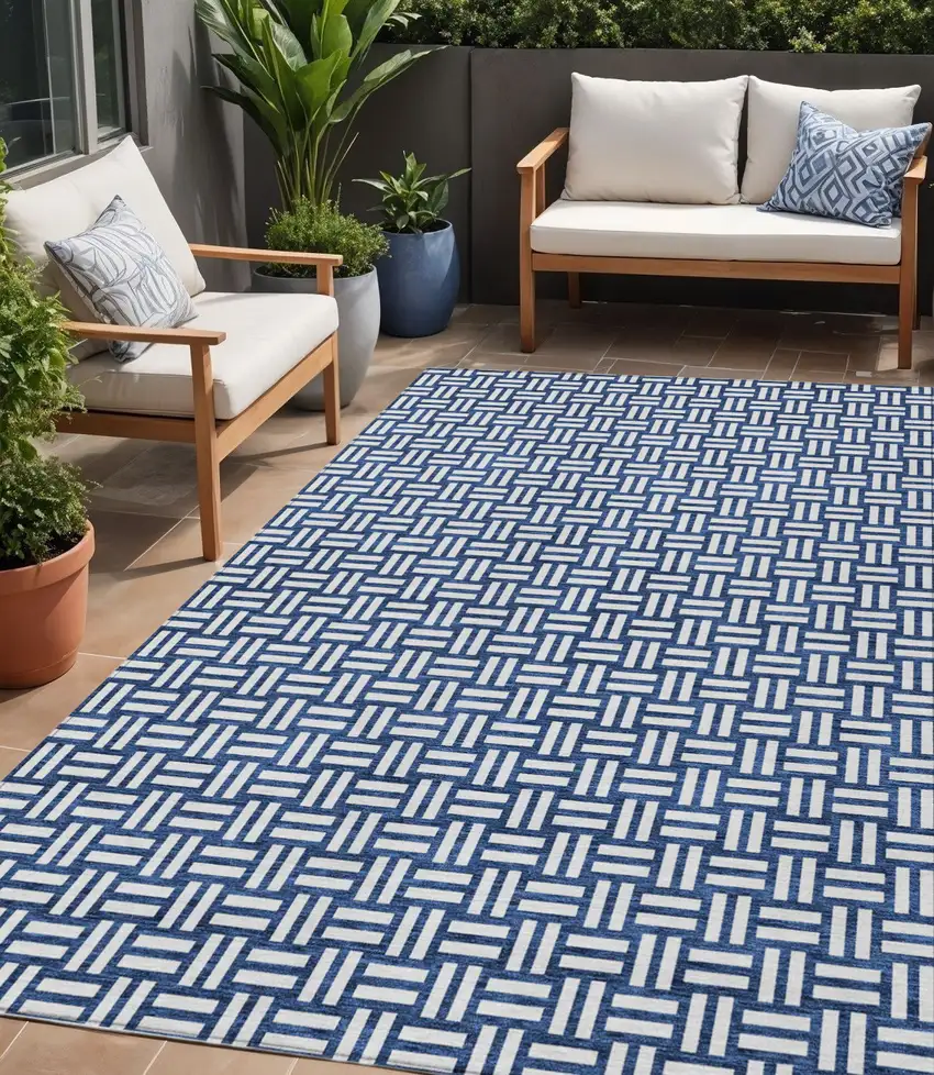 Navy Blue And Ivory Geometric Washable Indoor Outdoor Area Rug Photo 1