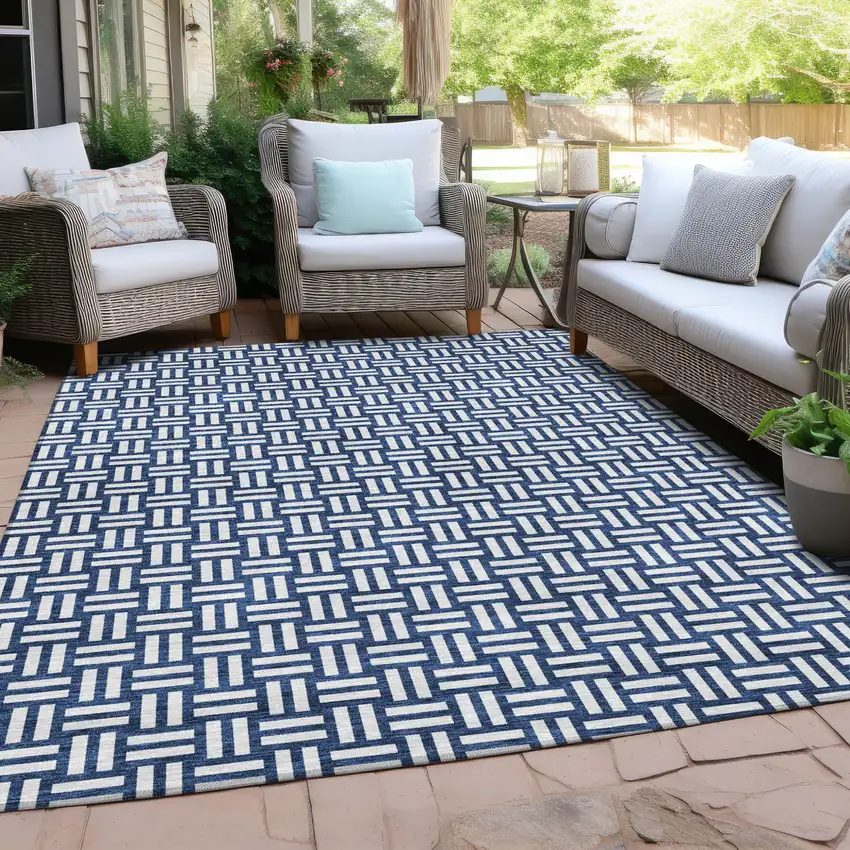 Navy Blue And Ivory Geometric Washable Indoor Outdoor Area Rug Photo 8