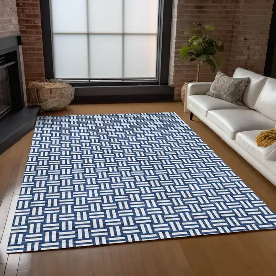 Navy Blue And Ivory Geometric Washable Indoor Outdoor Area Rug Photo 9