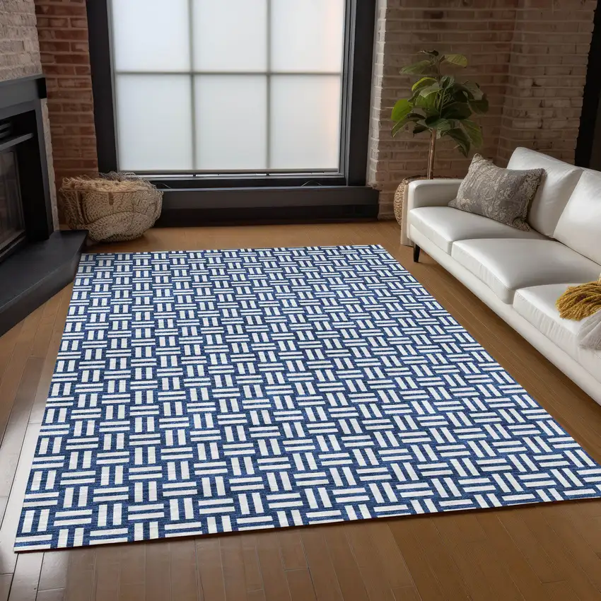 Navy Blue And Ivory Geometric Washable Indoor Outdoor Area Rug Photo 9