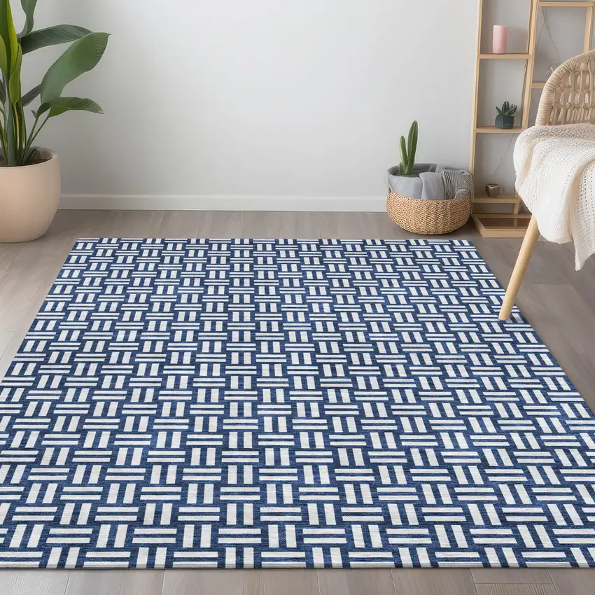 Navy Blue And Ivory Geometric Washable Indoor Outdoor Area Rug Photo 9