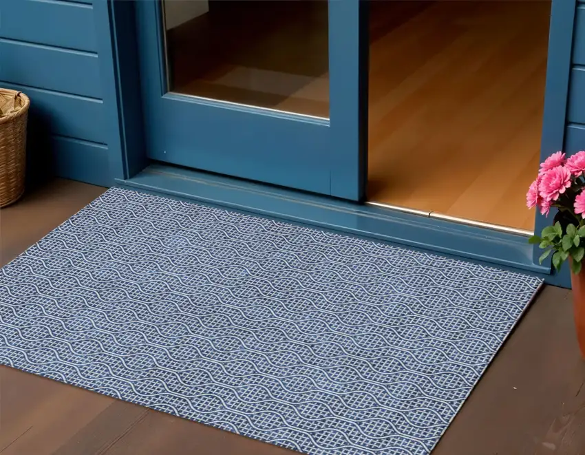 Navy Blue And Ivory Geometric Washable Indoor Outdoor Area Rug Photo 1