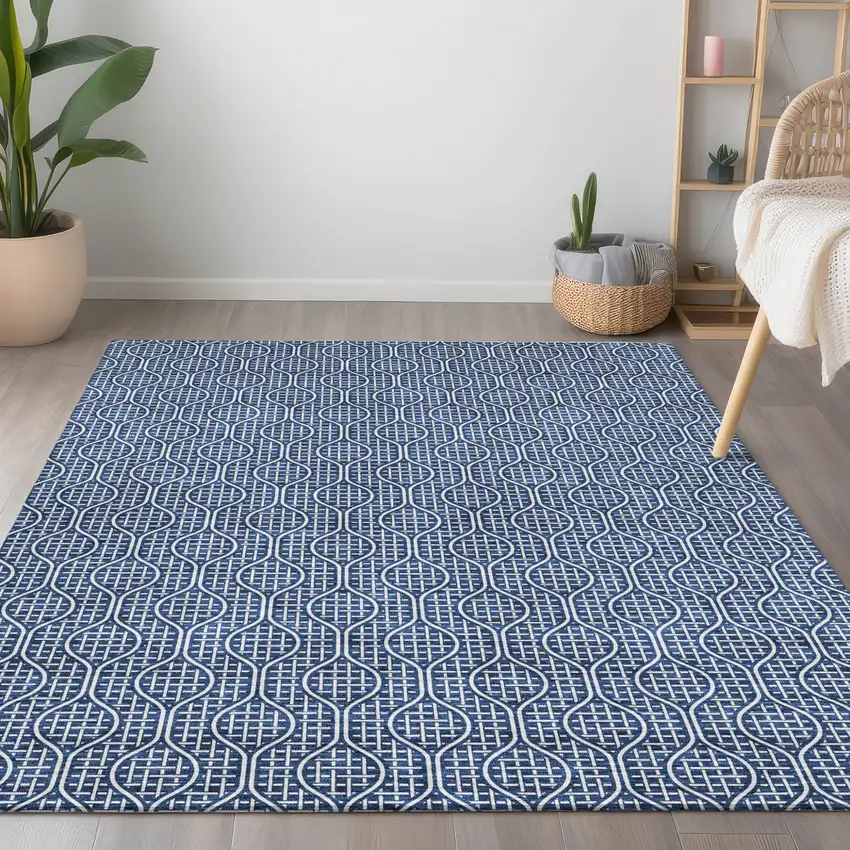 Navy Blue And Ivory Geometric Washable Indoor Outdoor Area Rug Photo 9