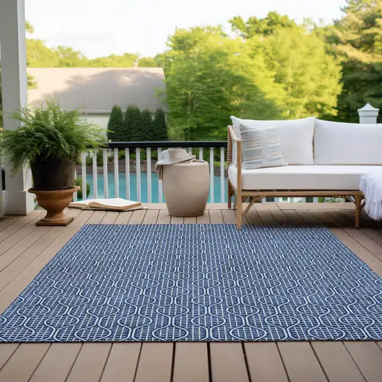 Navy Blue And Ivory Geometric Washable Indoor Outdoor Area Rug Photo 7