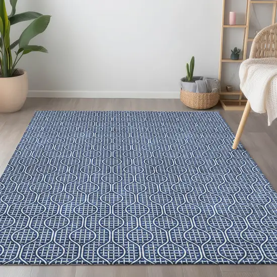Navy Blue And Ivory Geometric Washable Indoor Outdoor Area Rug Photo 9