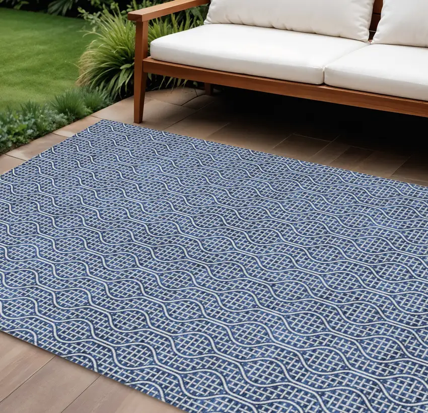 Navy Blue And Ivory Geometric Washable Indoor Outdoor Area Rug Photo 1