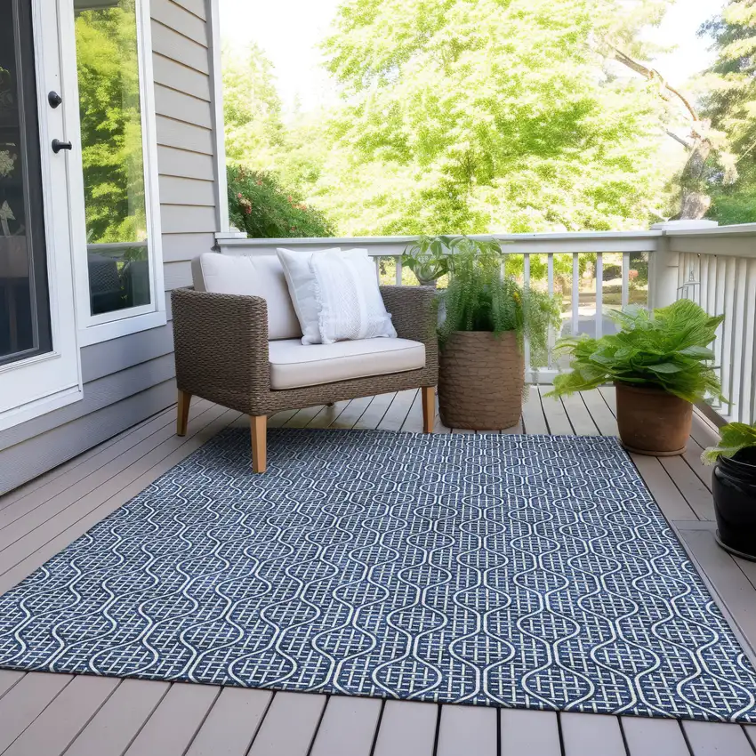 Navy Blue And Ivory Geometric Washable Indoor Outdoor Area Rug Photo 8