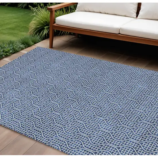 Navy Blue And Ivory Geometric Washable Indoor Outdoor Area Rug Photo 1
