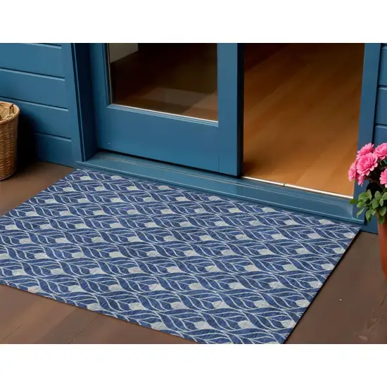 Navy Blue And Ivory Geometric Washable Indoor Outdoor Area Rug Photo 1