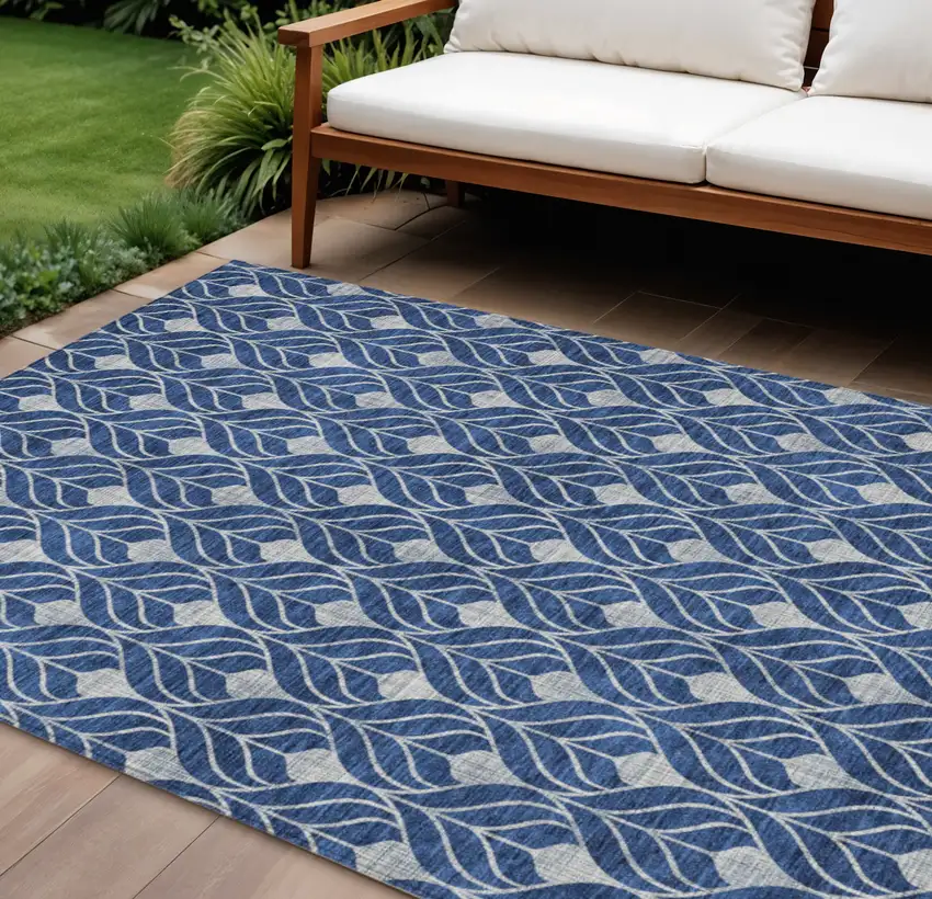 Navy Blue And Ivory Geometric Washable Indoor Outdoor Area Rug Photo 1
