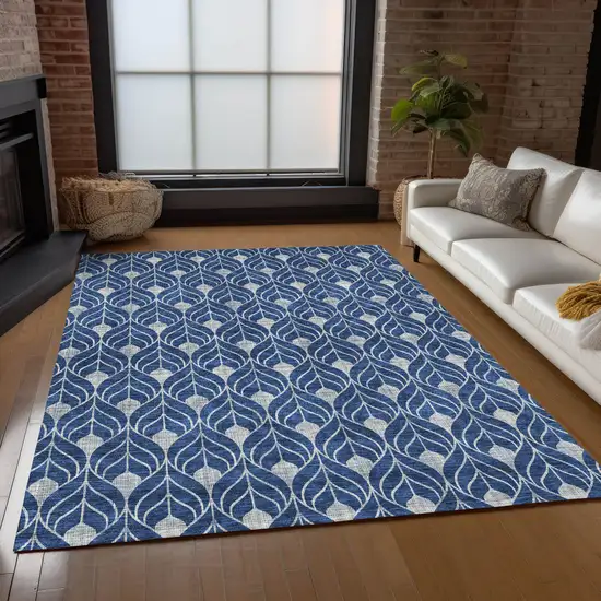 Navy Blue And Ivory Geometric Washable Indoor Outdoor Area Rug Photo 9