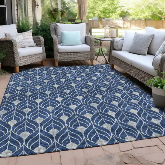 Navy Blue And Ivory Geometric Washable Indoor Outdoor Area Rug Photo 7
