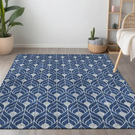 Navy Blue And Ivory Geometric Washable Indoor Outdoor Area Rug Photo 9