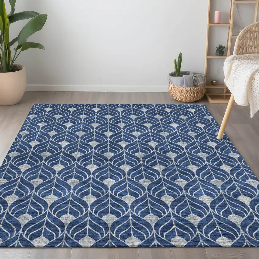 Navy Blue And Ivory Geometric Washable Indoor Outdoor Area Rug Photo 9