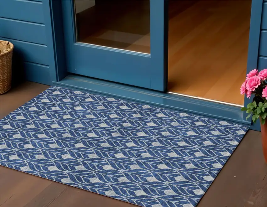 Navy Blue And Ivory Geometric Washable Indoor Outdoor Area Rug Photo 1
