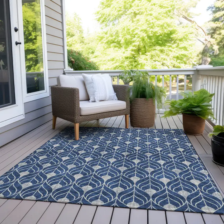 Navy Blue And Ivory Geometric Washable Indoor Outdoor Area Rug Photo 7