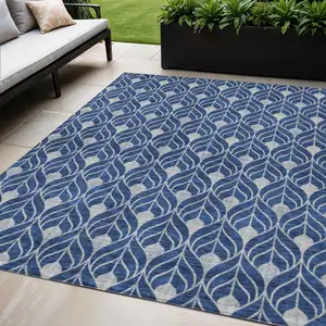 Photo of Navy Blue And Ivory Geometric Washable Indoor Outdoor Area Rug