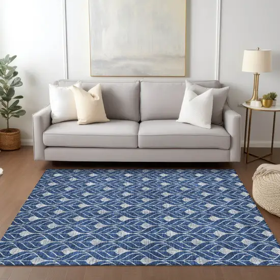 Navy Blue And Ivory Geometric Washable Indoor Outdoor Area Rug Photo 9