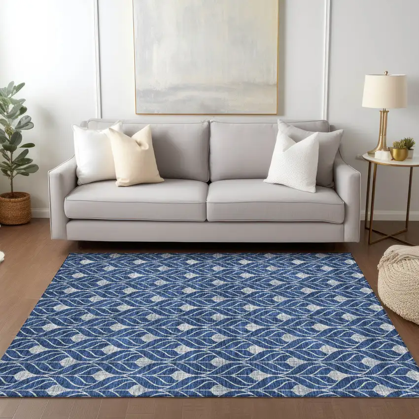 Navy Blue And Ivory Geometric Washable Indoor Outdoor Area Rug Photo 9