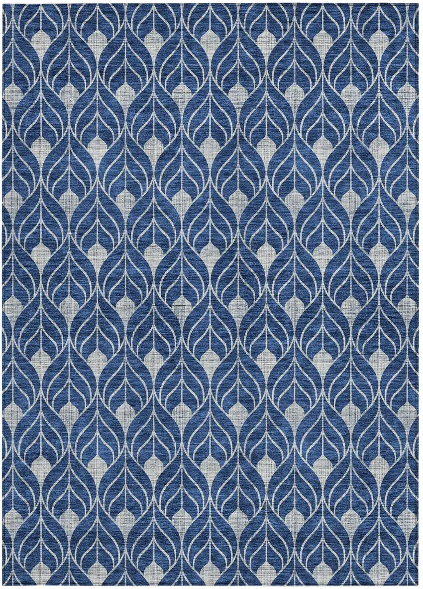Navy Blue And Ivory Geometric Washable Indoor Outdoor Area Rug Photo 6