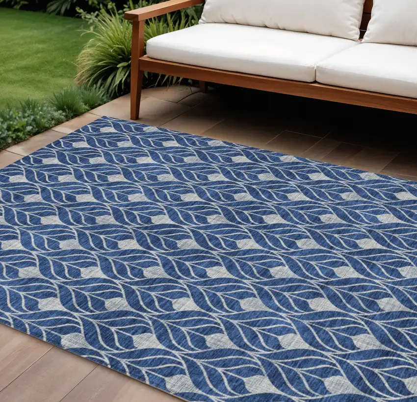 Navy Blue And Ivory Geometric Washable Indoor Outdoor Area Rug Photo 1