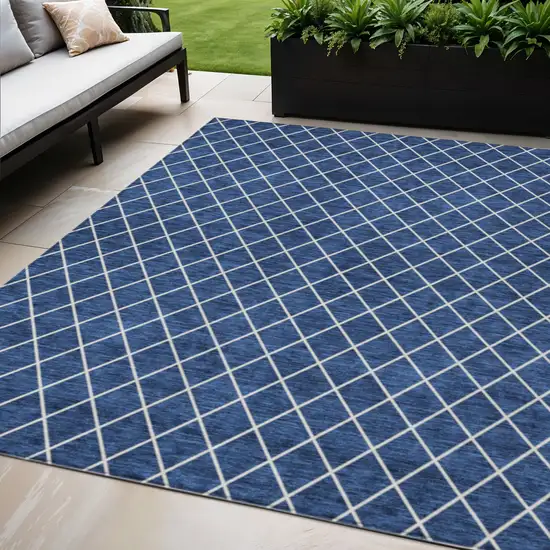 Navy Blue And Ivory Geometric Washable Indoor Outdoor Area Rug Photo 1