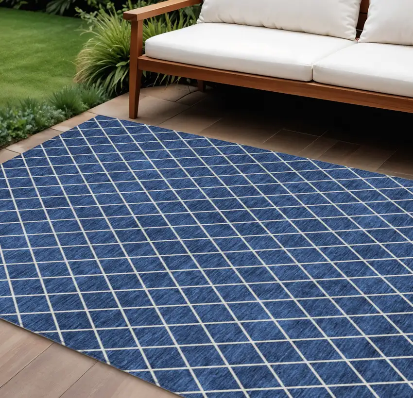 Navy Blue And Ivory Geometric Washable Indoor Outdoor Area Rug Photo 1