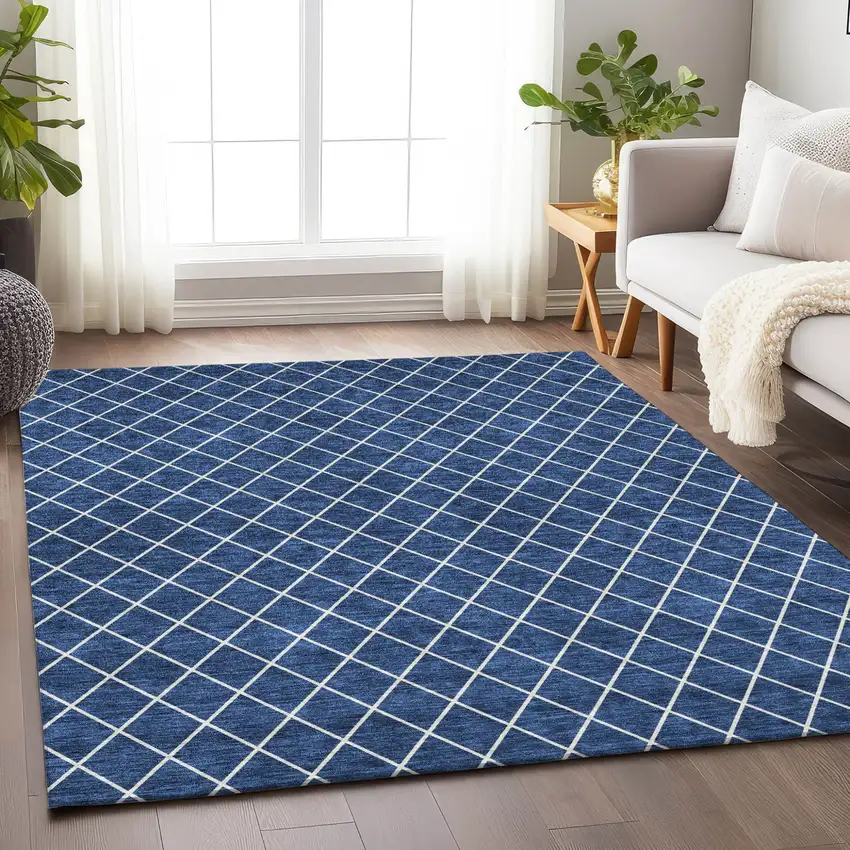 Navy Blue And Ivory Geometric Washable Indoor Outdoor Area Rug Photo 9