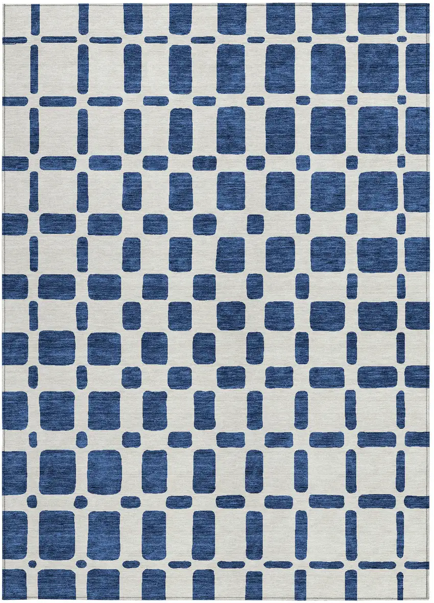 Navy Blue And Ivory Geometric Washable Indoor Outdoor Area Rug Photo 7