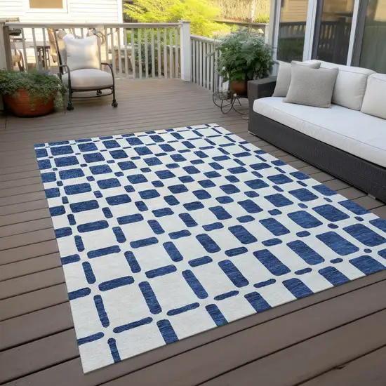 Navy Blue And Ivory Geometric Washable Indoor Outdoor Area Rug Photo 8
