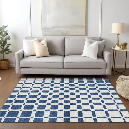 Navy Blue And Ivory Geometric Washable Indoor Outdoor Area Rug Photo 9
