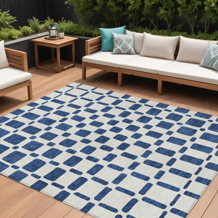 Navy Blue And Ivory Geometric Washable Indoor Outdoor Area Rug Photo 1