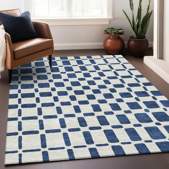 Navy Blue And Ivory Geometric Washable Indoor Outdoor Area Rug Photo 9