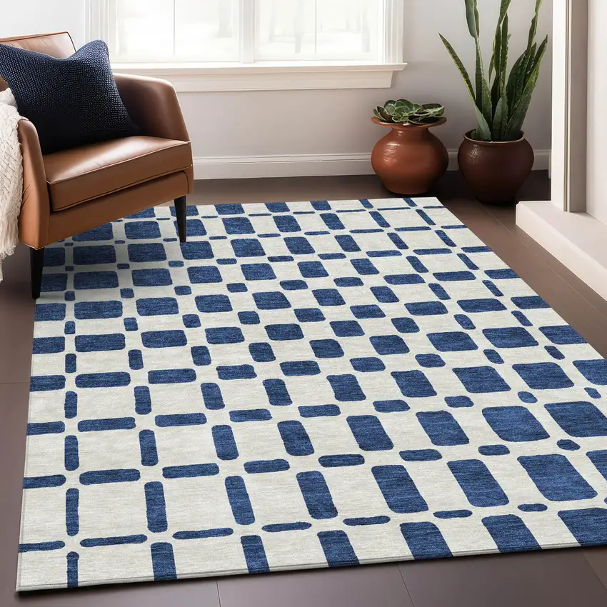 Navy Blue And Ivory Geometric Washable Indoor Outdoor Area Rug Photo 9