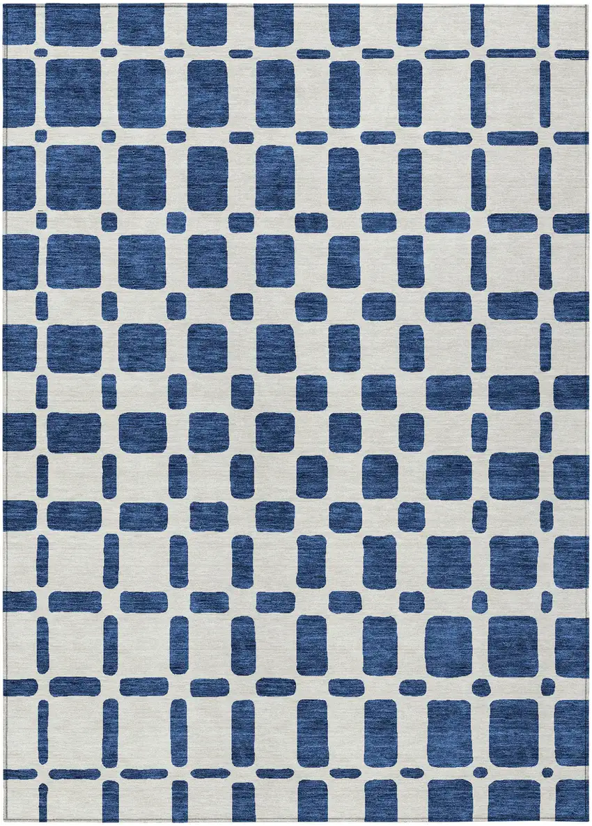 Navy Blue And Ivory Geometric Washable Indoor Outdoor Area Rug Photo 2