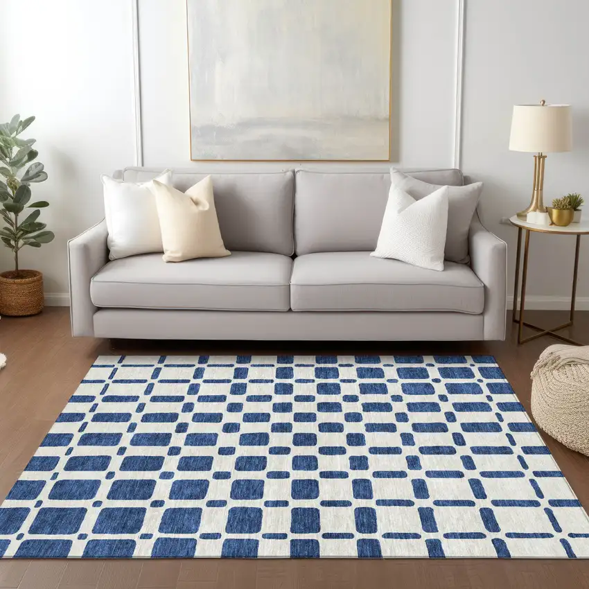 Navy Blue And Ivory Geometric Washable Indoor Outdoor Area Rug Photo 9