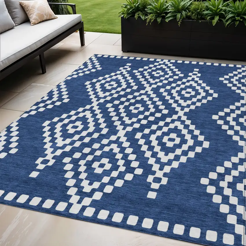 Navy Blue And Ivory Geometric Washable Indoor Outdoor Area Rug Photo 1