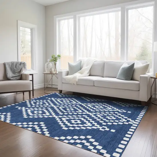 Navy Blue And Ivory Geometric Washable Indoor Outdoor Area Rug Photo 9