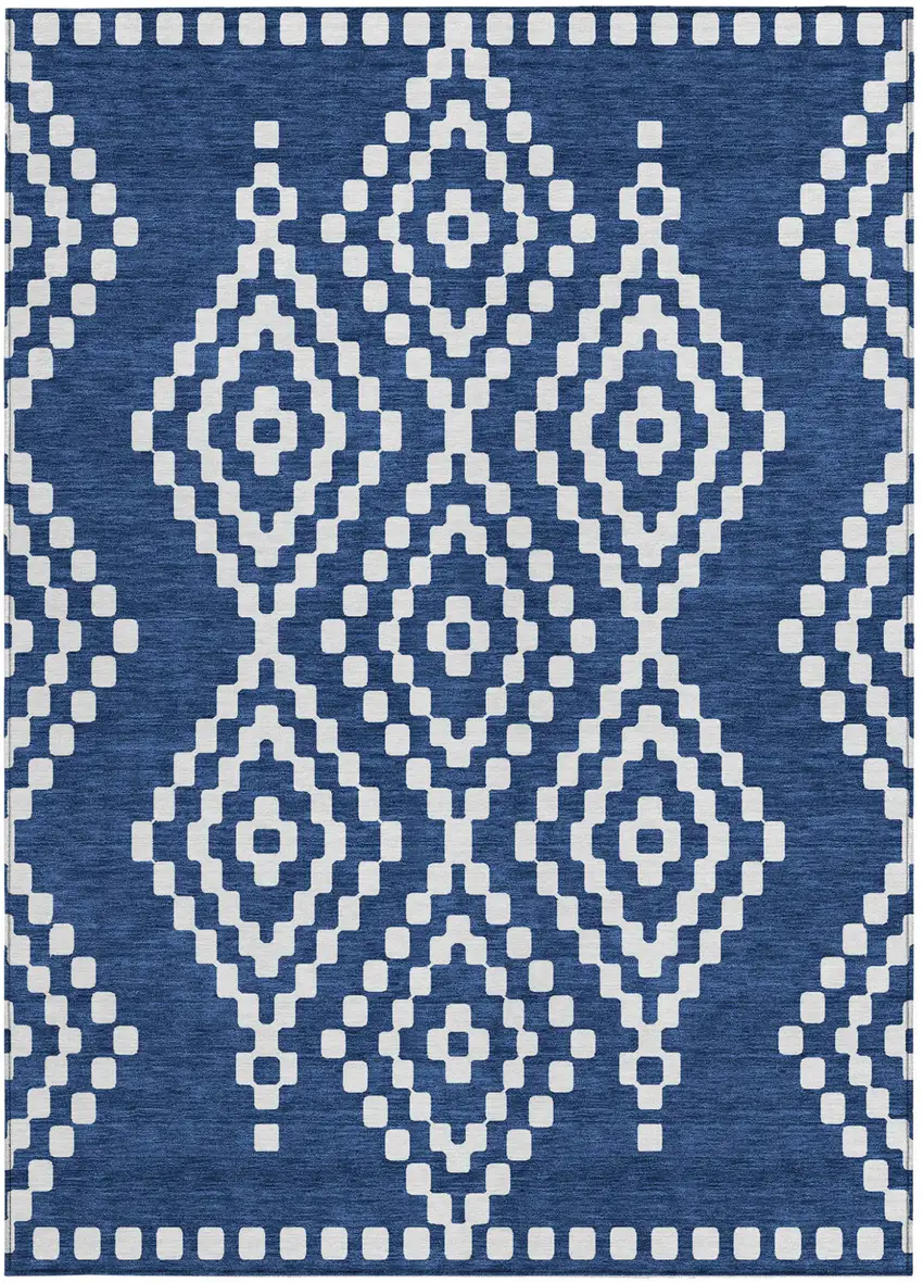 Navy Blue And Ivory Geometric Washable Indoor Outdoor Area Rug Photo 7