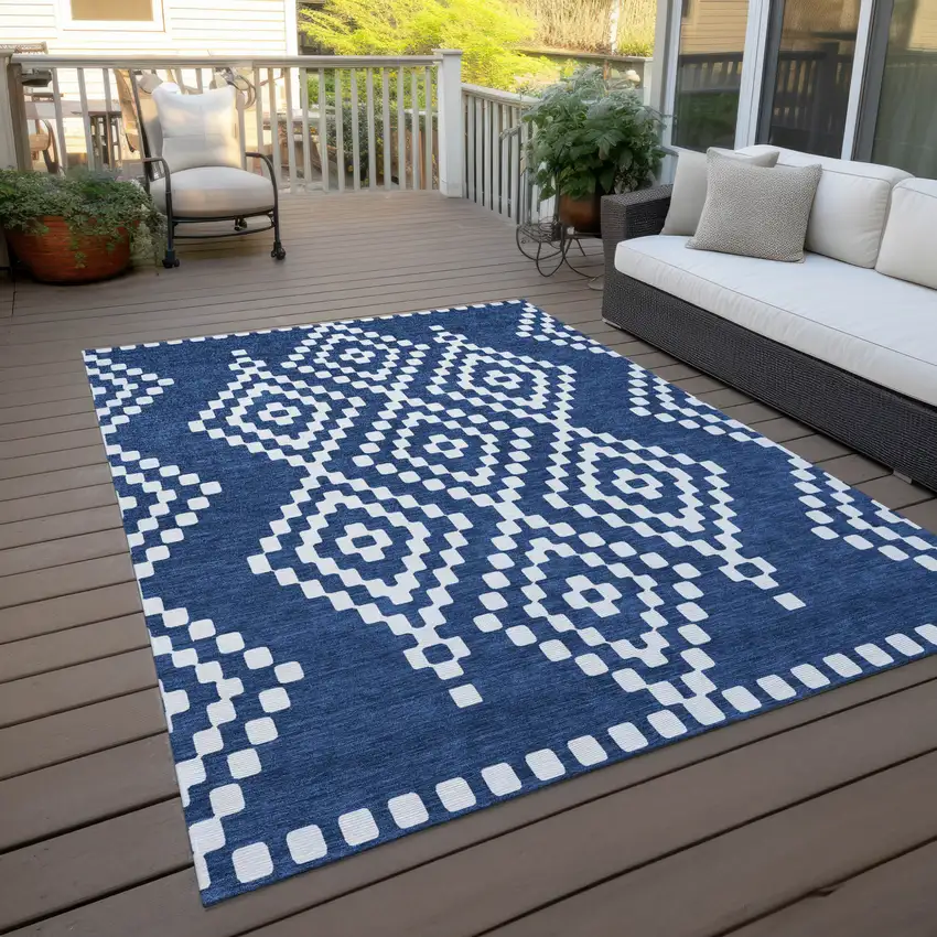 Navy Blue And Ivory Geometric Washable Indoor Outdoor Area Rug Photo 8