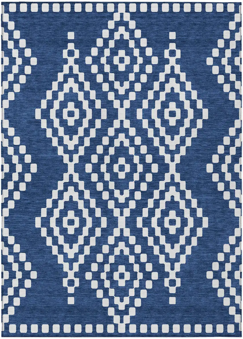 Navy Blue And Ivory Geometric Washable Indoor Outdoor Area Rug Photo 2