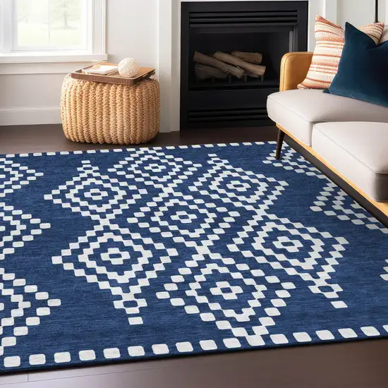 Navy Blue And Ivory Geometric Washable Indoor Outdoor Area Rug Photo 9
